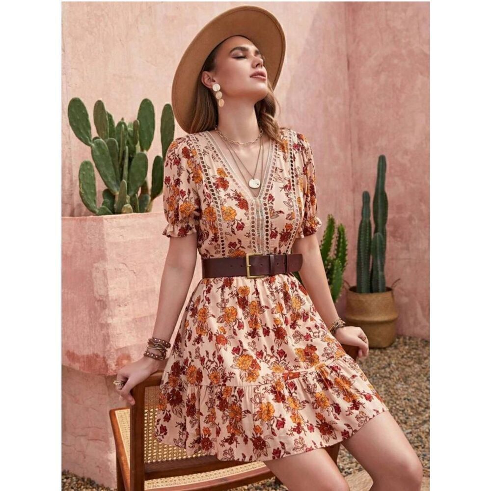 Rusttydustty Bohemian Dress Fall Floral Print Puff Sleeve Dress, M, NWT
